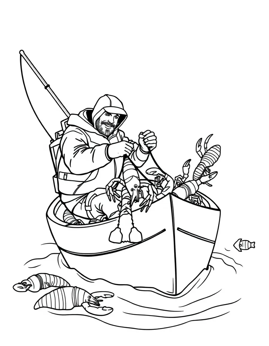 (Canada) A fisherman in a boat catching Atlantic lobsters