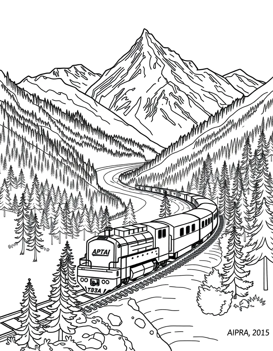 (Canada) A train winding through the Rocky Mountains past forests and rivers