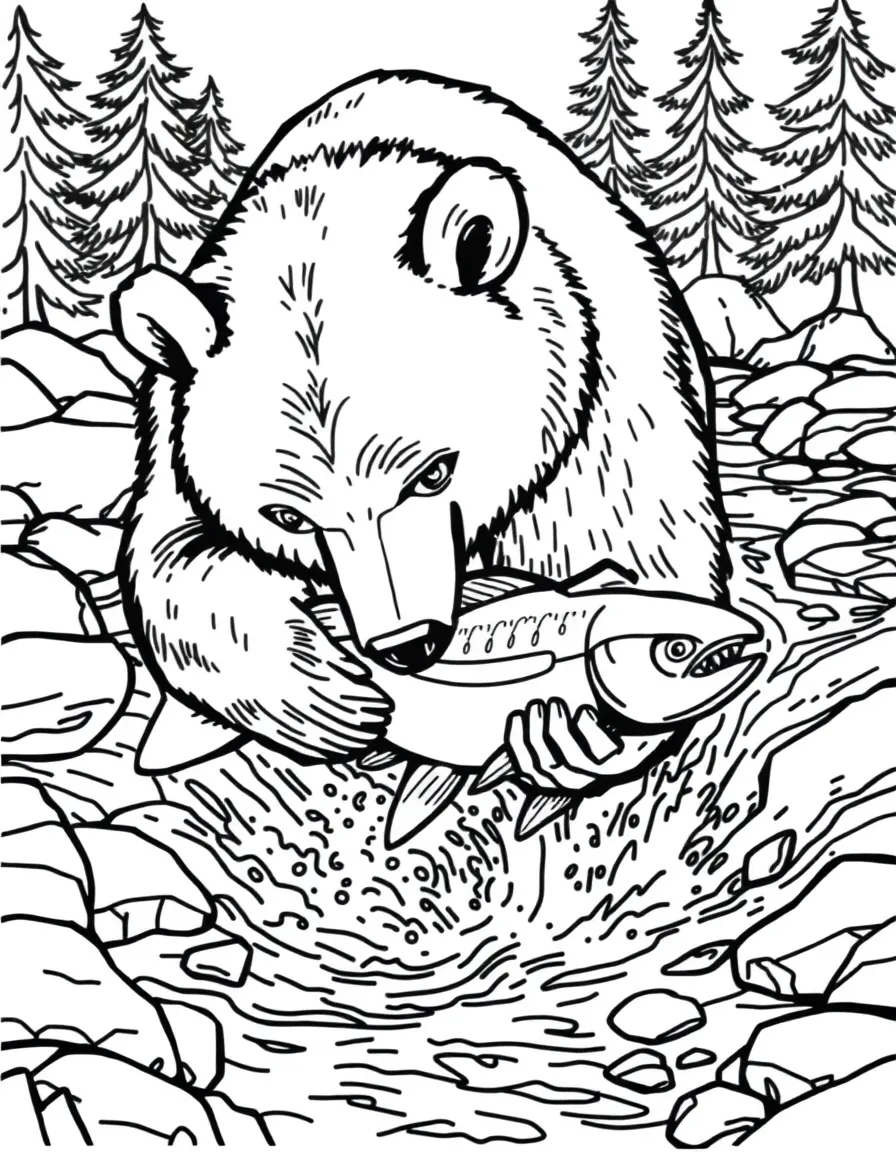 (Canada) A grizzly bear catching salmon from a rushing river