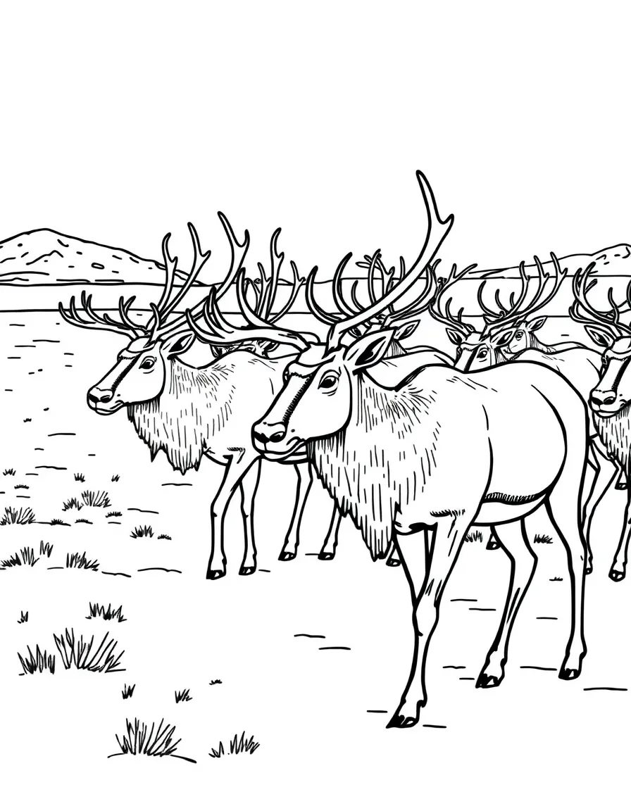 (Canada) A caribou (reindeer) herd trekking across the tundra
