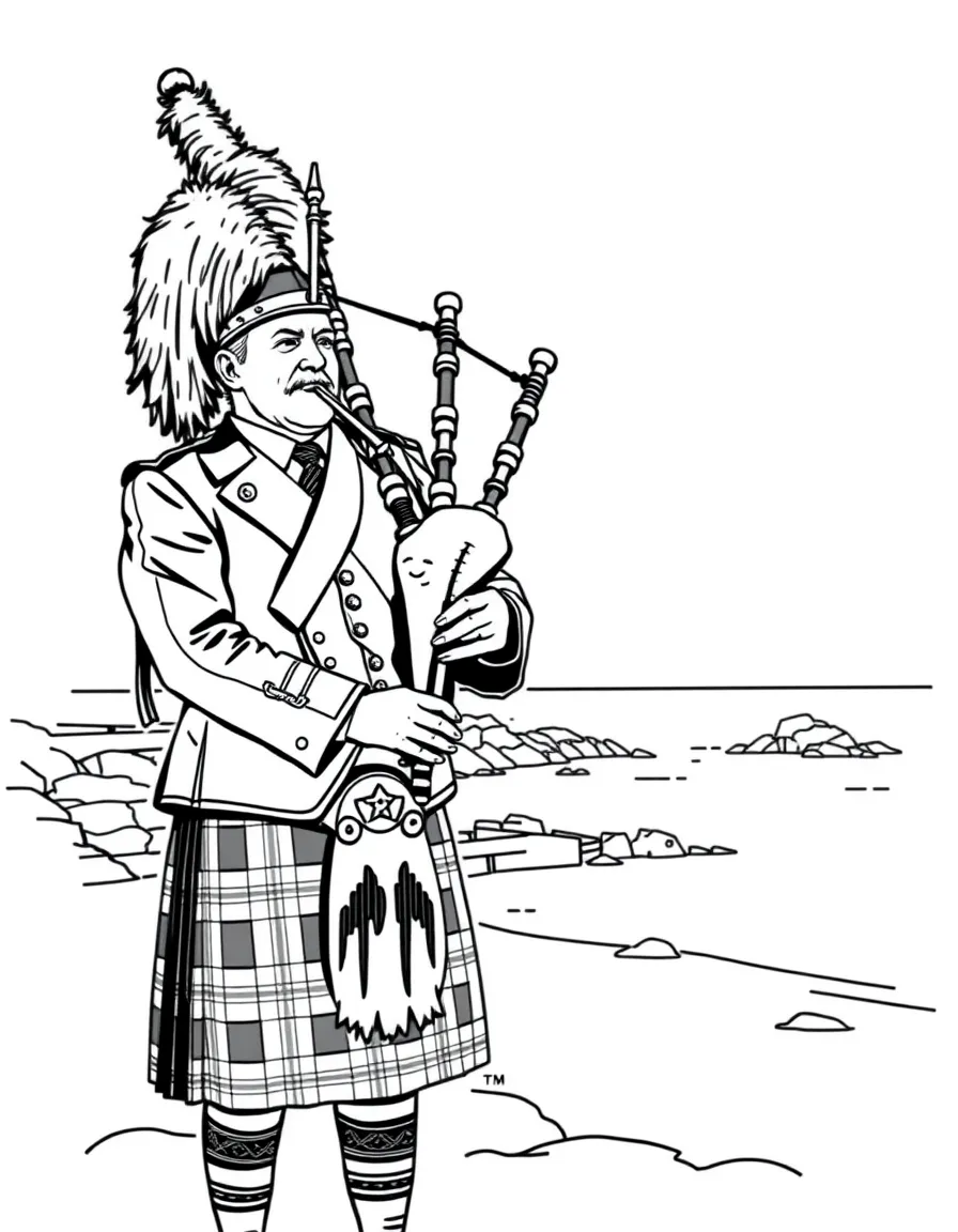 (Canada) A Nova Scotia bagpiper in a kilt playing by the seaside