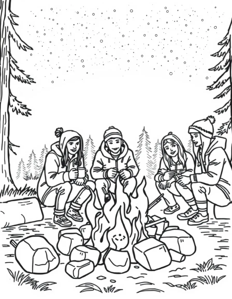 (Canada) A group of friends roasting marshmallows over a campfire while camping