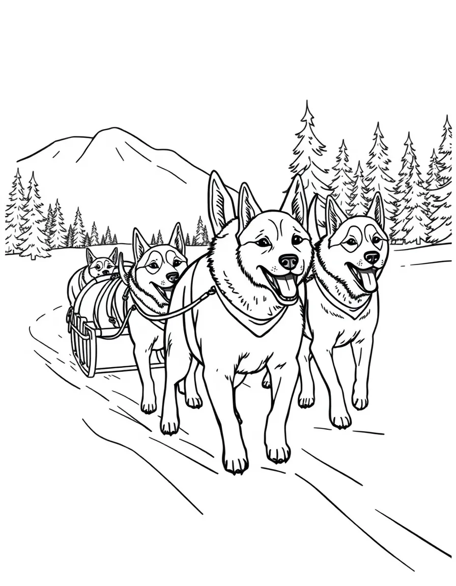 (Canada) A team of sled dogs pulling a sled through the snow