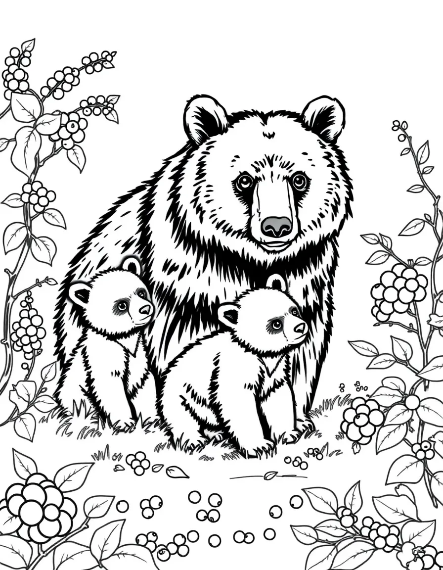 (Canada) A mother black bear with two cubs in a berry patch
