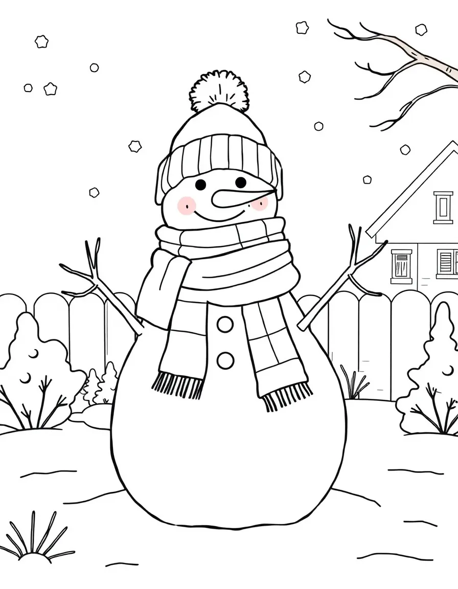 (Canada) A snowman wearing a scarf and toque (winter hat) in a snowy yard