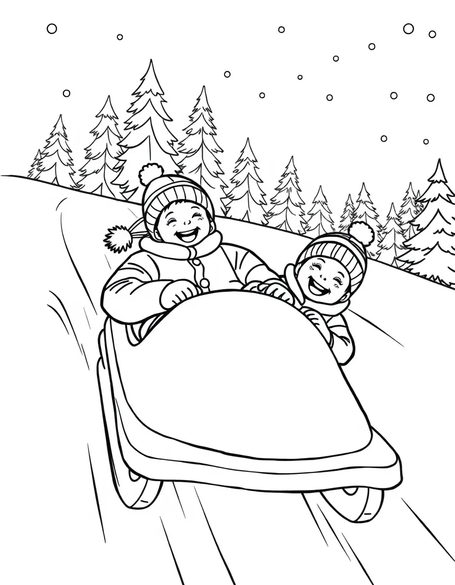 (Canada) A toboggan sliding down a snowy hill with kids laughing