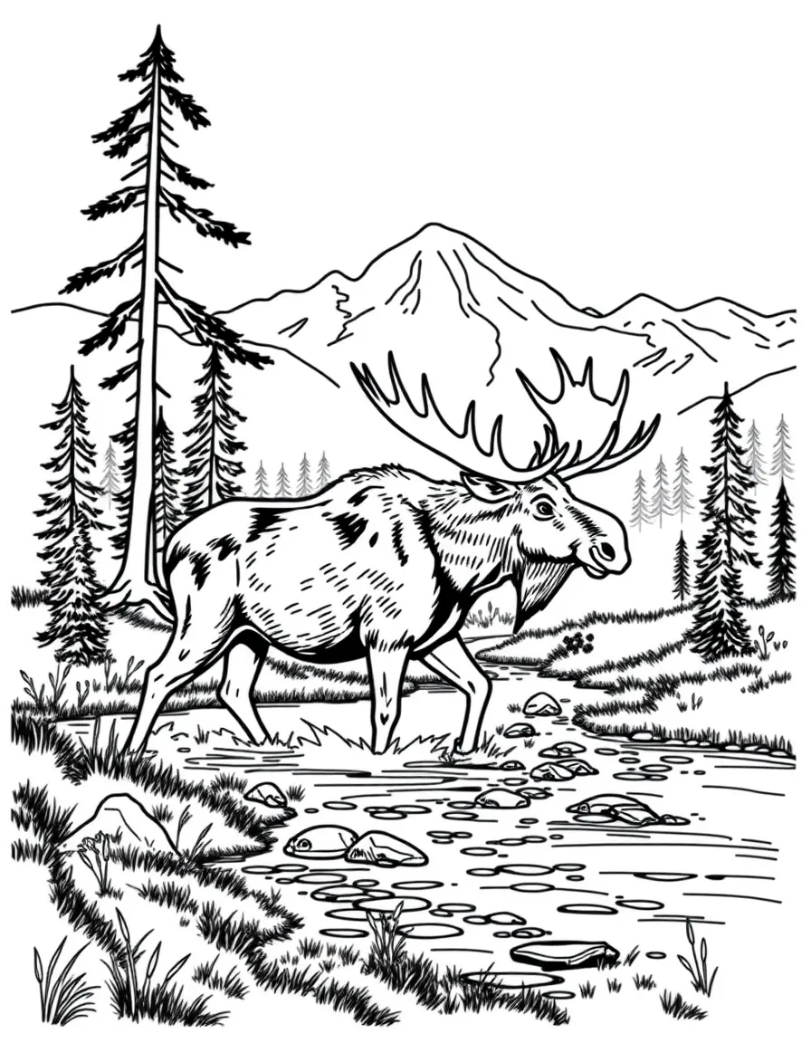 (Canada) A bull moose crossing a shallow stream in the wilderness