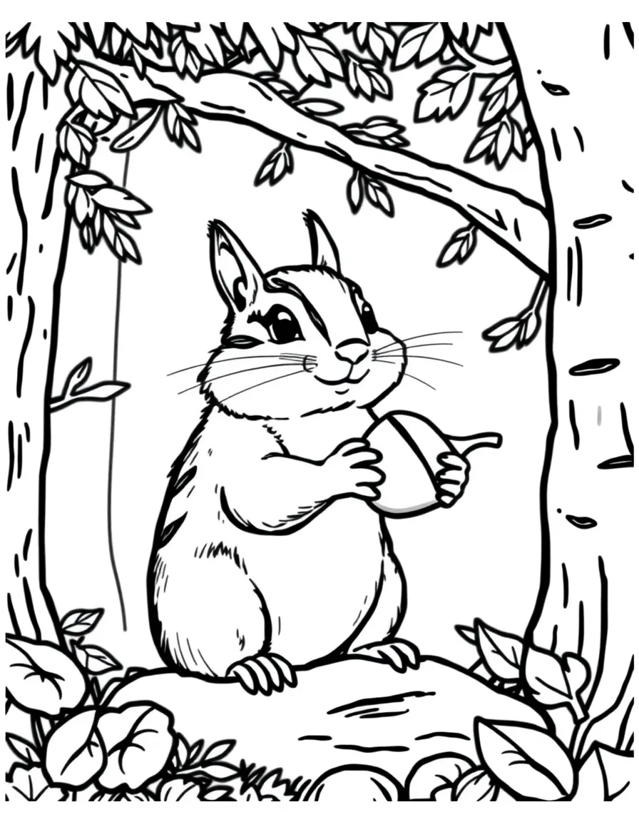 (Canada) A chipmunk holding an acorn in a Canadian forest