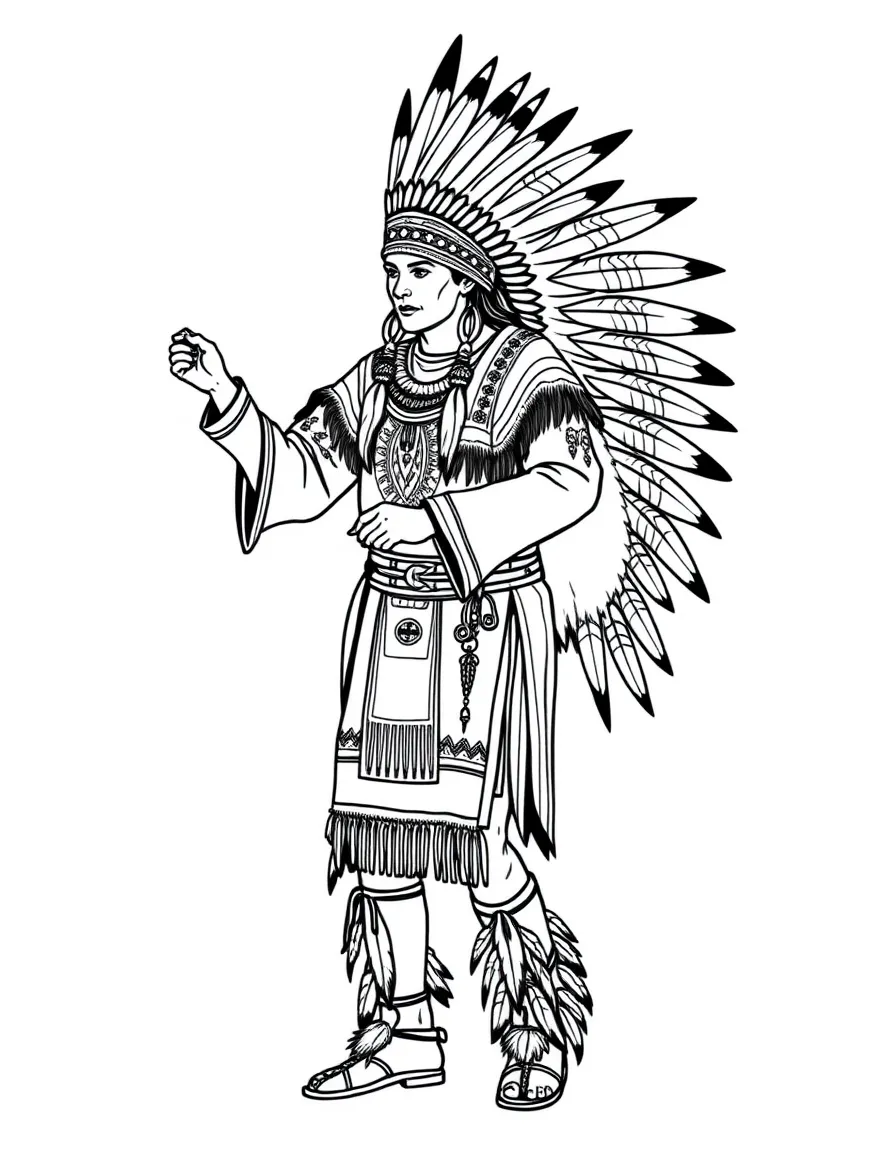 (Canada) A First Nations powwow dancer in traditional dress with feathers