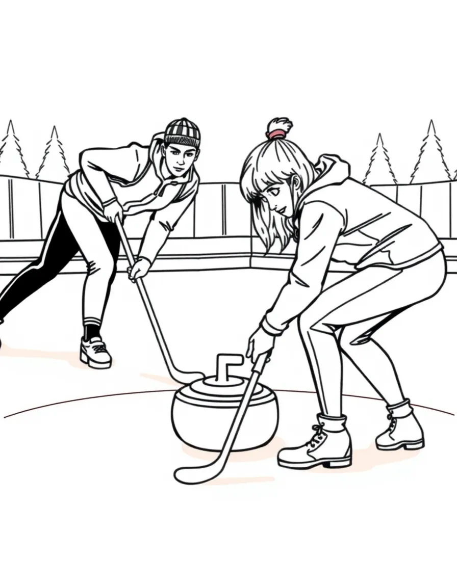 (Canada) A curling match with players sweeping in front of the curling stone