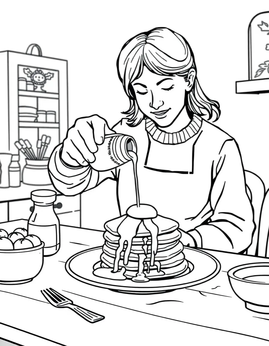 (Canada) A person pouring maple syrup on pancakes at a cozy kitchen table