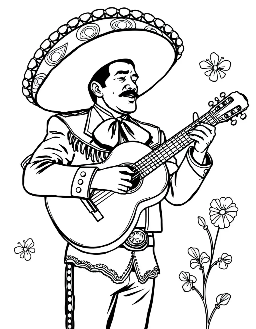 (Mexico) A mariachi musician in a charro suit playing a guitar and singing