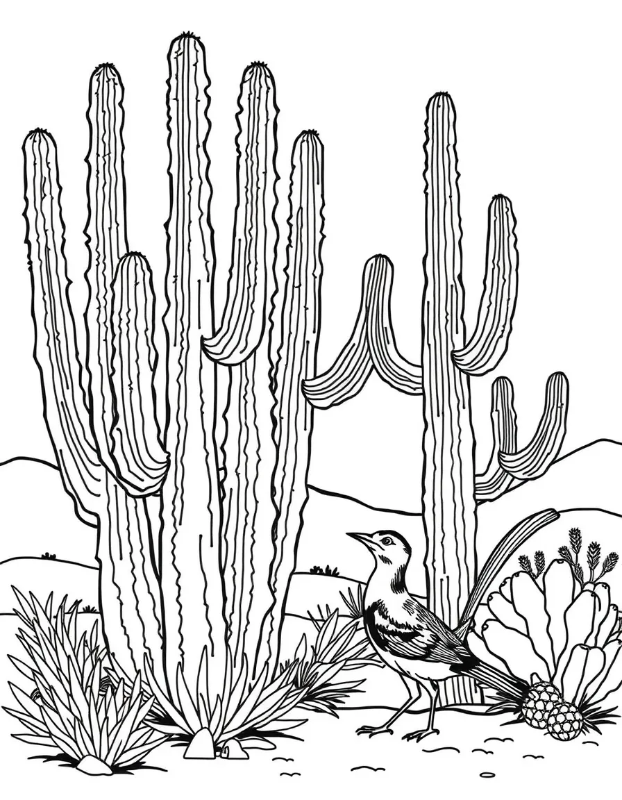 (Mexico) A desert scene with tall saguaro cacti and a roadrunner bird