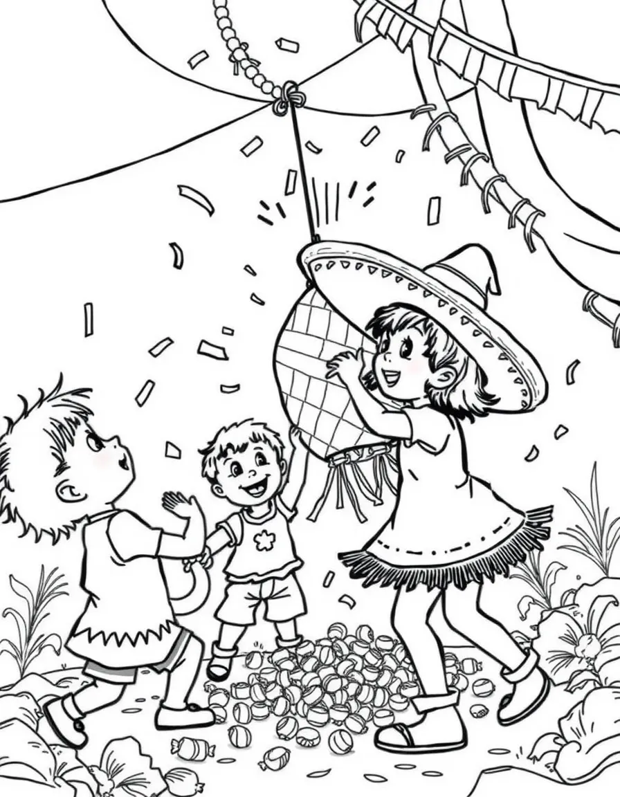 (Mexico) Children breaking a piñata and scrambling for candy