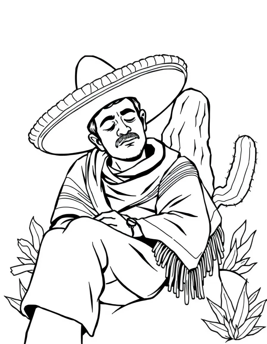 (Mexico) A man with a sombrero and serape taking a nap against a cactus