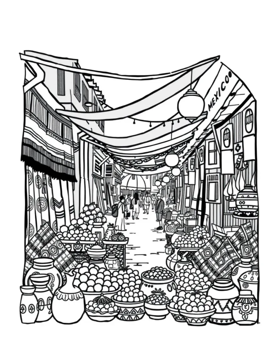(Mexico) A bustling market (mercado) with colorful blankets, pottery, and fruits