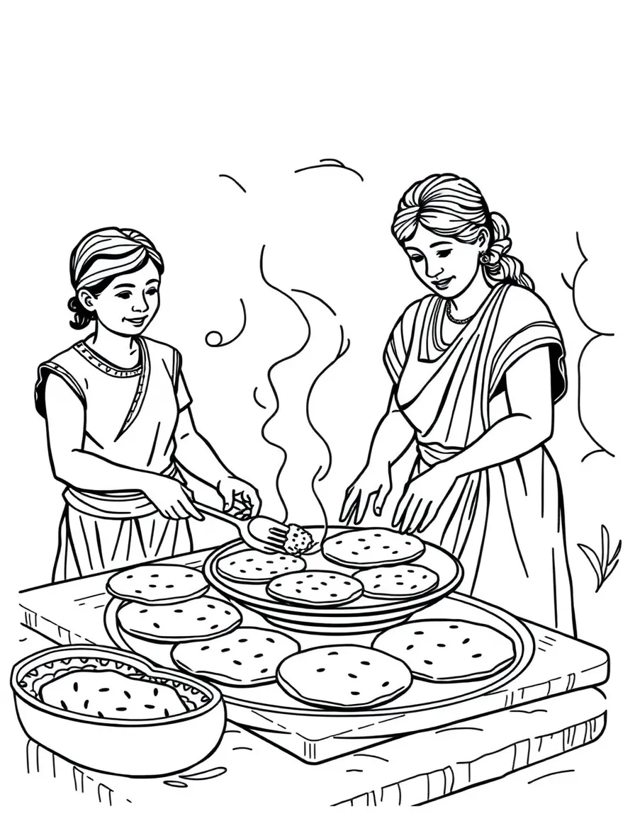 (Mexico) A family preparing homemade tortillas on a griddle
