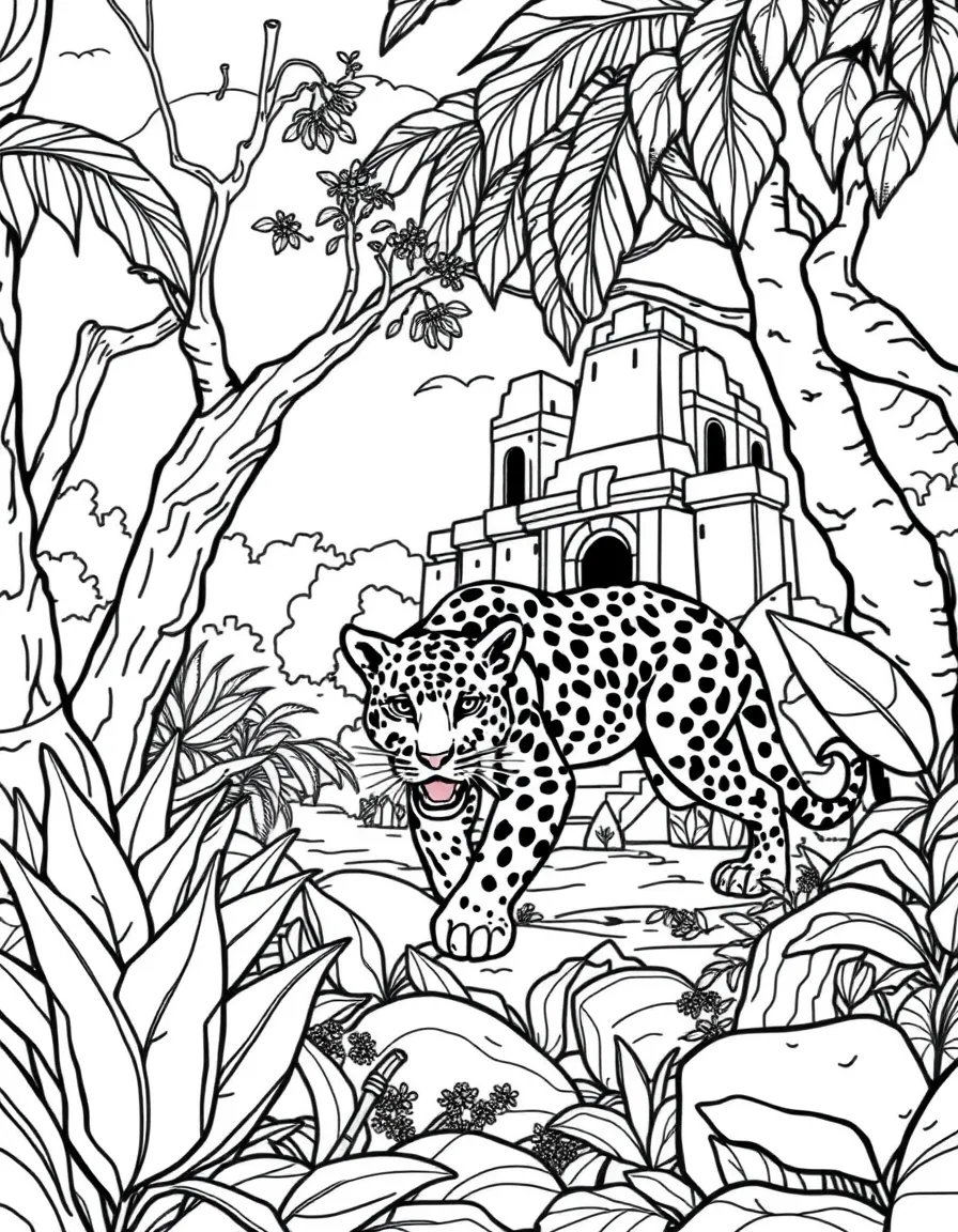 (Mexico) A jaguar prowling in the jungle near an old temple