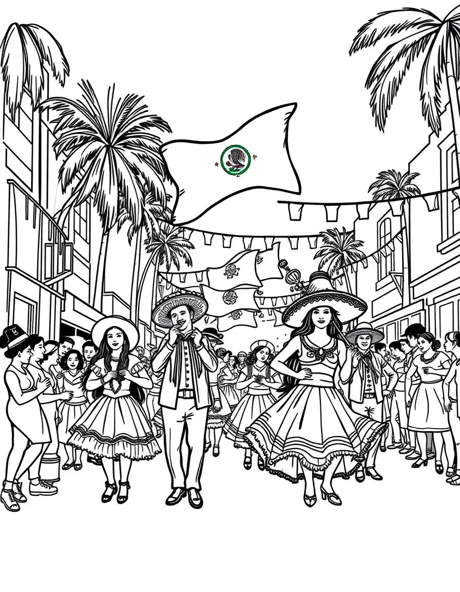 (Mexico) A festive Cinco de Mayo parade with flags and dancers