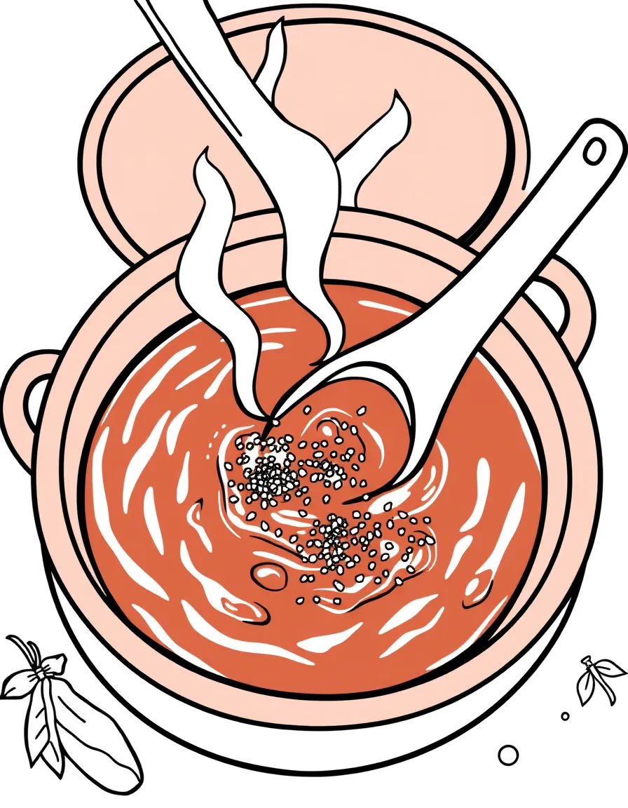 (Mexico) A clay pot of mole sauce and spices being stirred for a meal