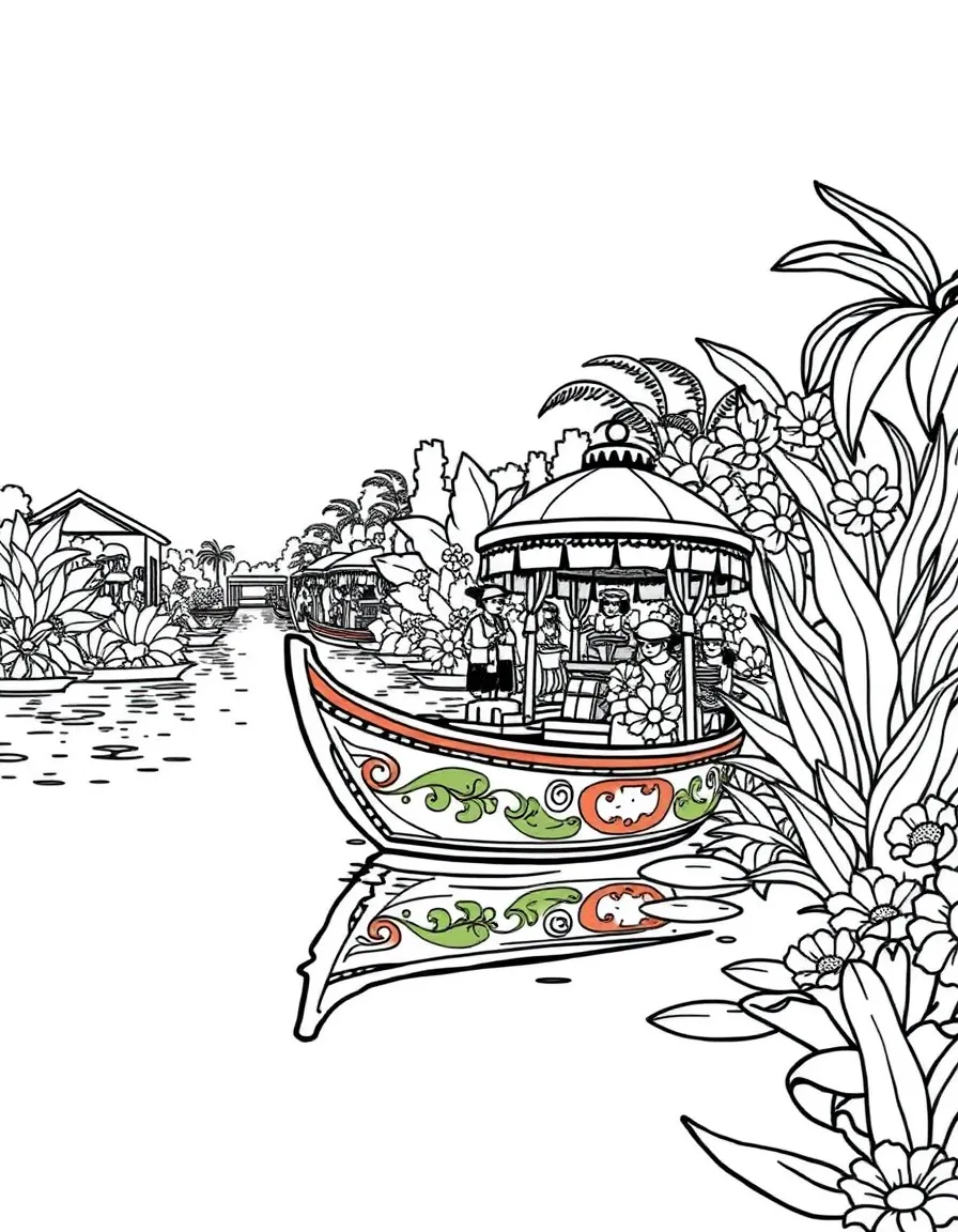 (Mexico) The floating gardens of Xochimilco with a brightly painted boat (trajinera)