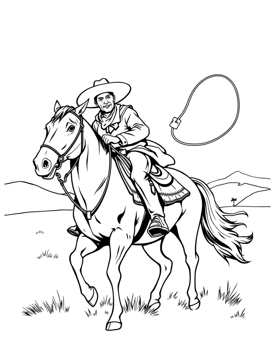 (Mexico) A vaquero (cowboy) riding a horse and swinging a lasso on a ranch