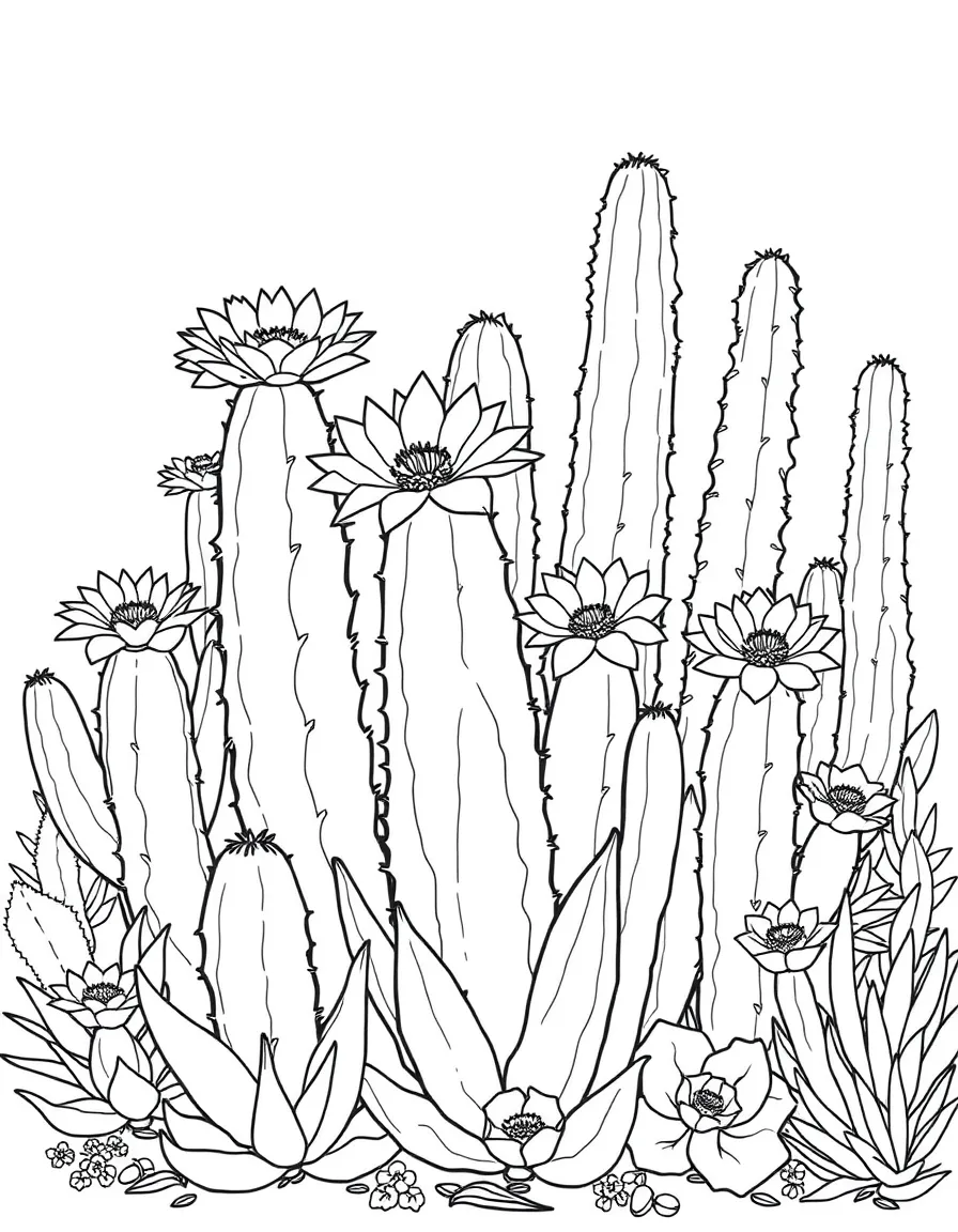 (Mexico) A cactus garden with blooming nopales (cactus pads) and their flowers