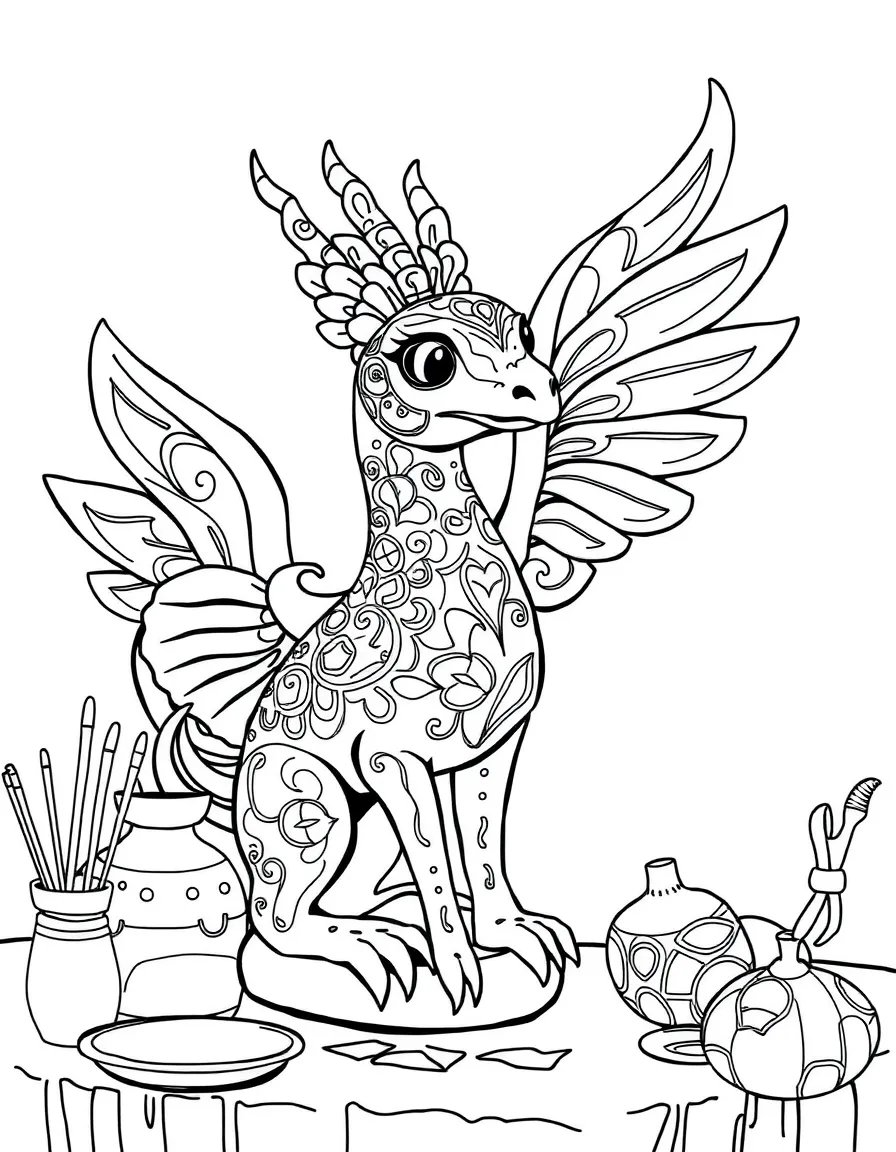 (Mexico) A pottery maker in Oaxaca painting an alebrije (fantastical animal figurine)