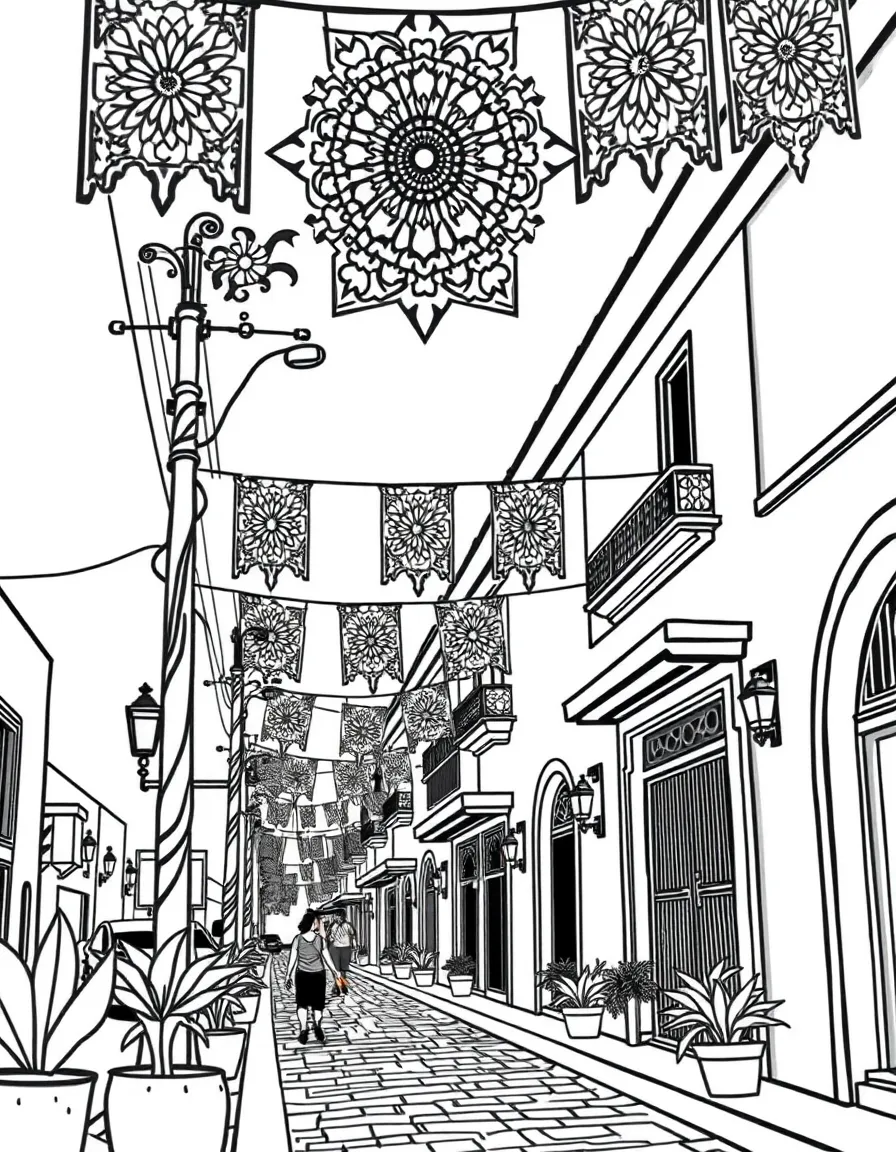 (Mexico) A street decorated with papel picado (cut paper banners) for a fiesta