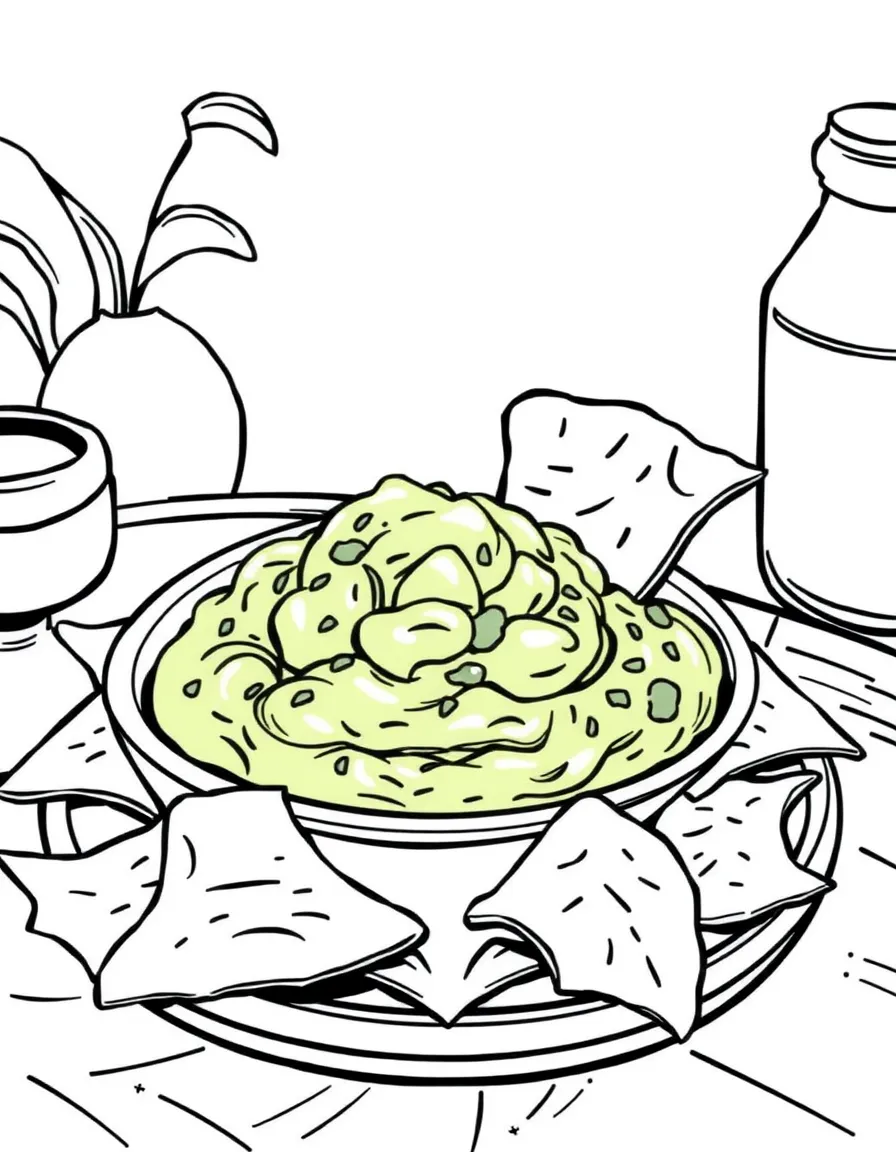 (Mexico) A bowl of guacamole and tortilla chips on a table