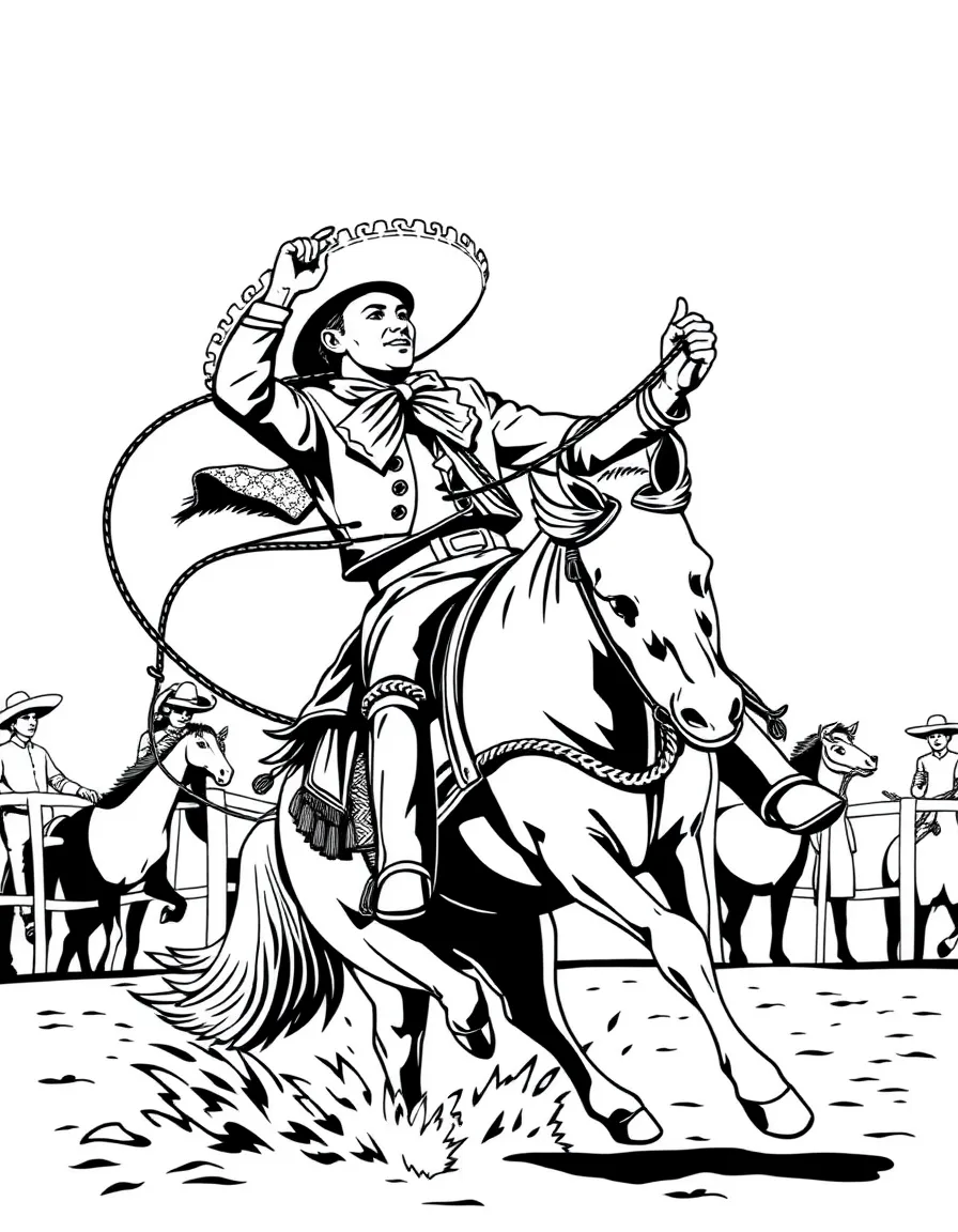 (Mexico) A charro showing off lasso tricks at a rodeo (charreada)