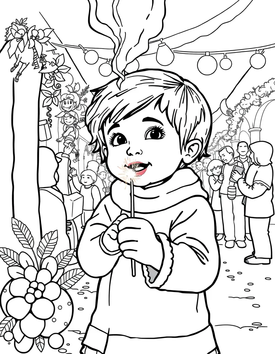 (Mexico) A child holding a sparkler during a posada at Christmastime