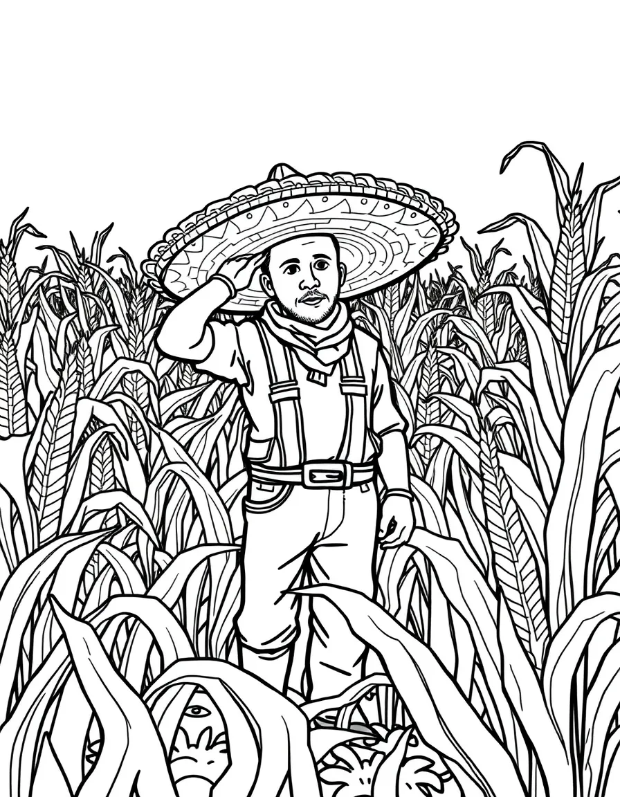 (Mexico) A cornfield with maize plants and a farmer in a sombrero
