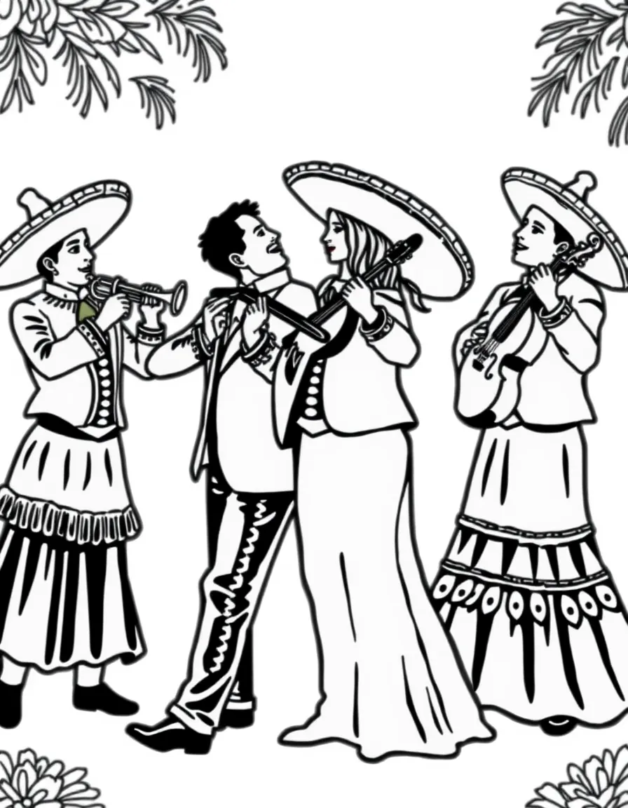 (Mexico) A group of mariachis with trumpets and violins serenading a couple