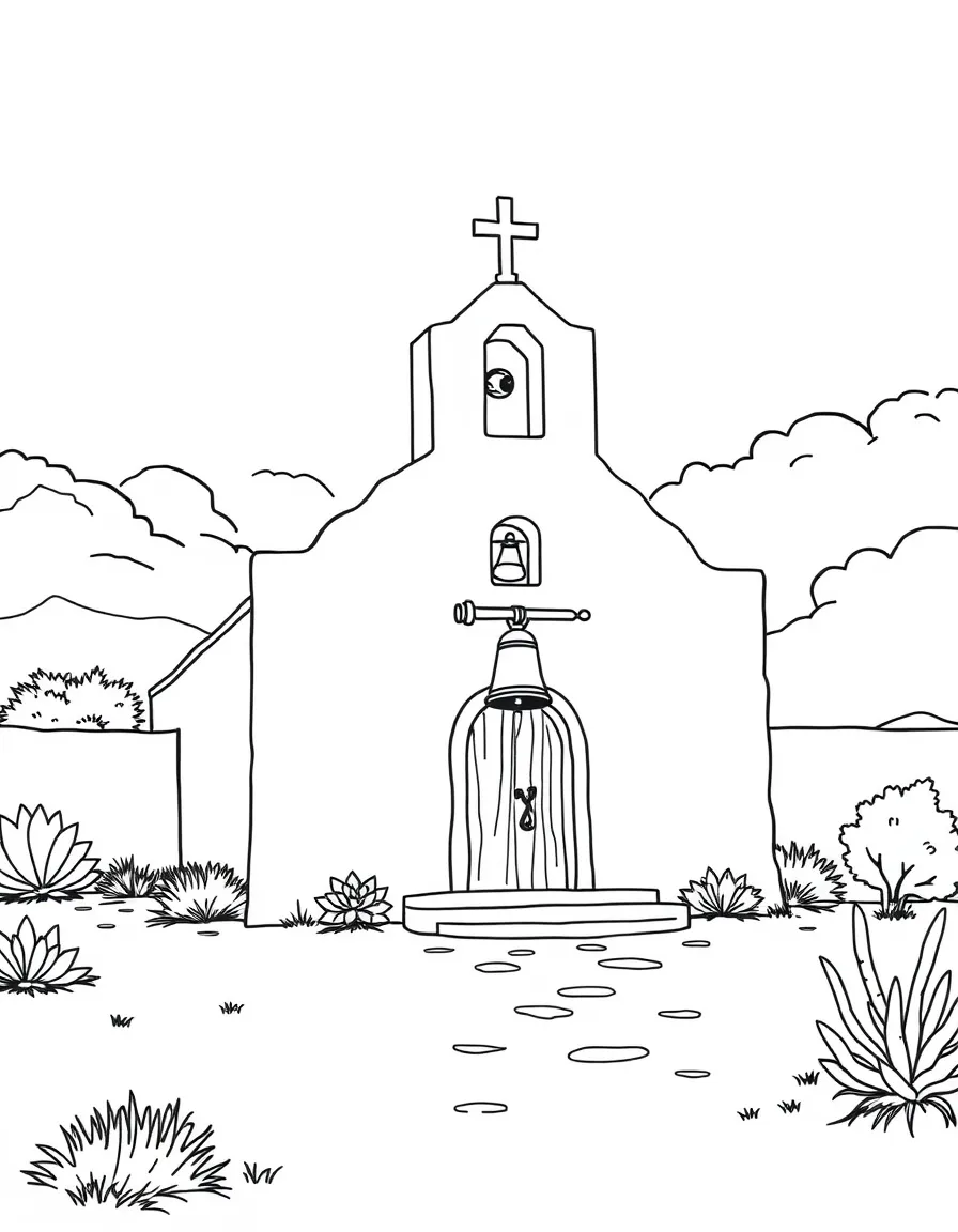 (Mexico) An adobe mission church with a bell in a small village
