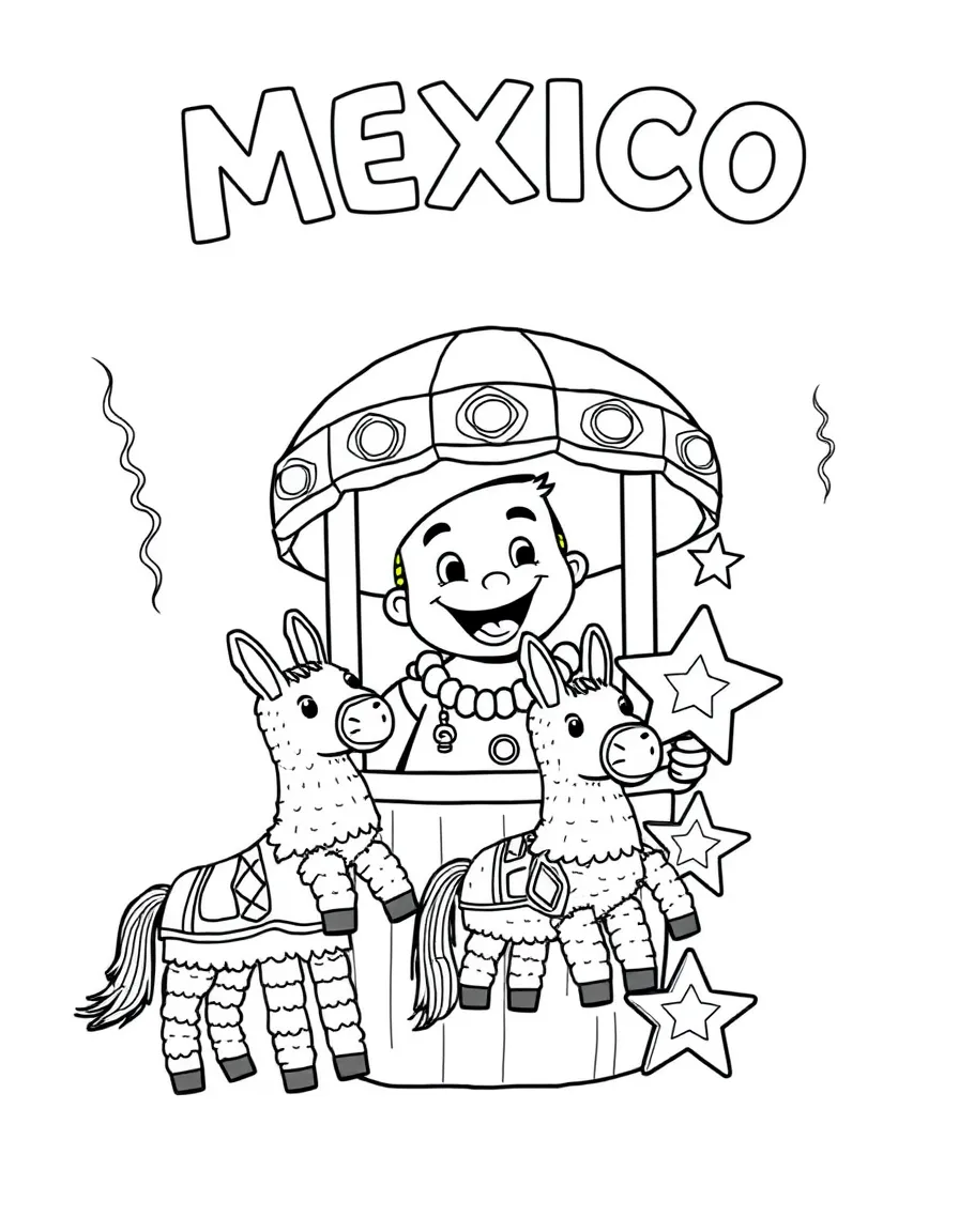 (Mexico) A cheerful piñata vendor selling piñatas shaped like donkeys and stars