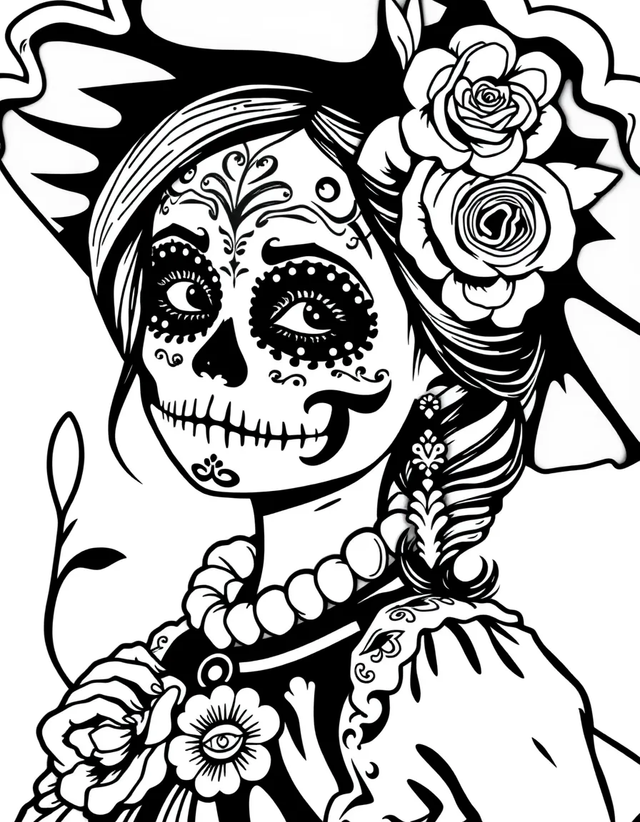 (Mexico) A young girl dressed as La Catrina with elegant skull face paint