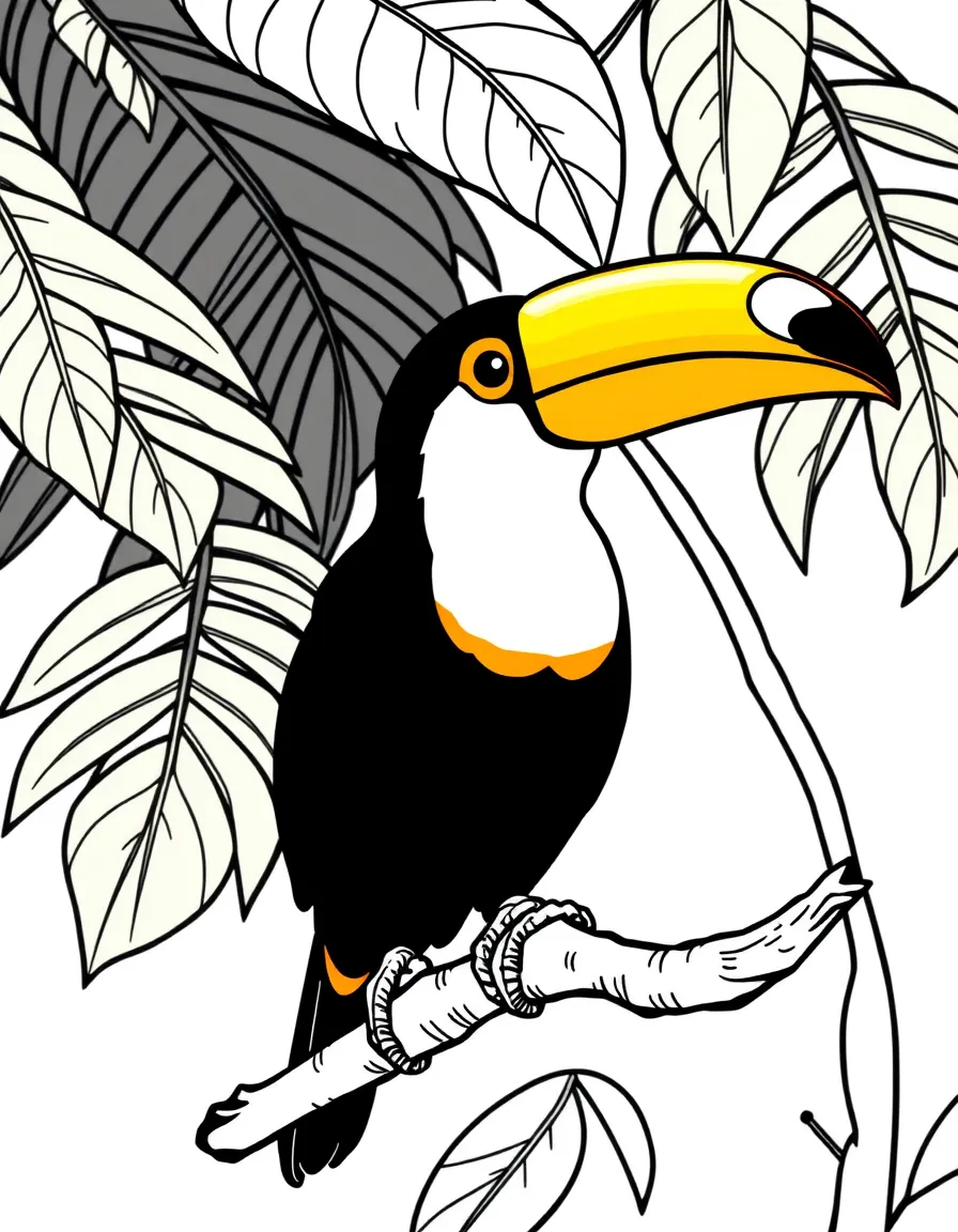 (Brazil) A toucan with a bright orange beak sitting on a rainforest branch
