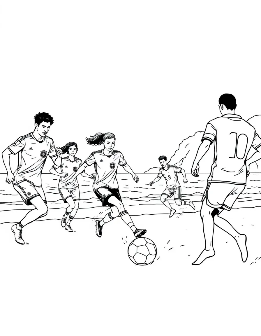 (Brazil) A group of football (soccer) players kicking a ball on the beach