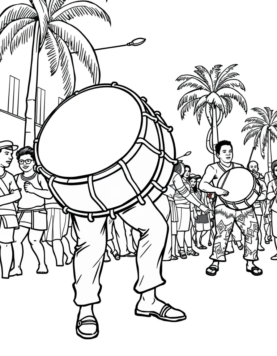 (Brazil) A drummer playing a big samba drum during a street parade
