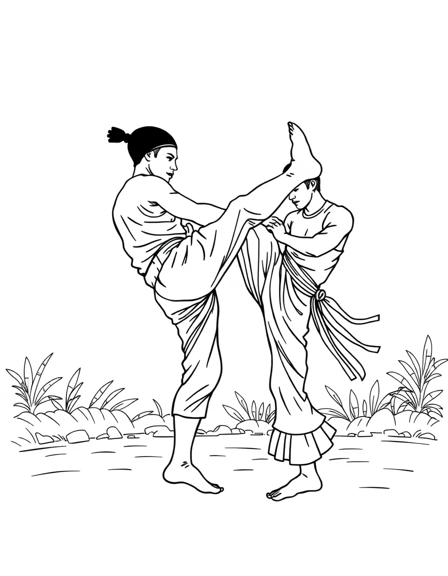 (Brazil) Capoeira fighters mid-kick, practicing the Afro-Brazilian martial art dance