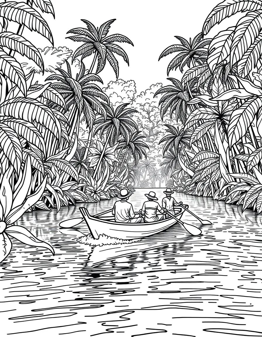 (Brazil) A boat with Amazon villagers paddling down the river surrounded by rainforest