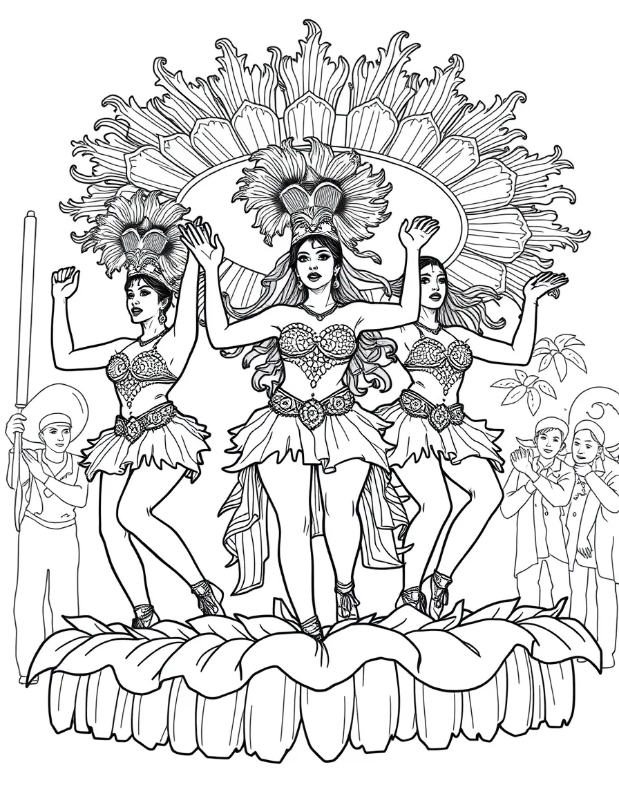 (Brazil) Dancers in sparkly outfits performing on a Carnival float