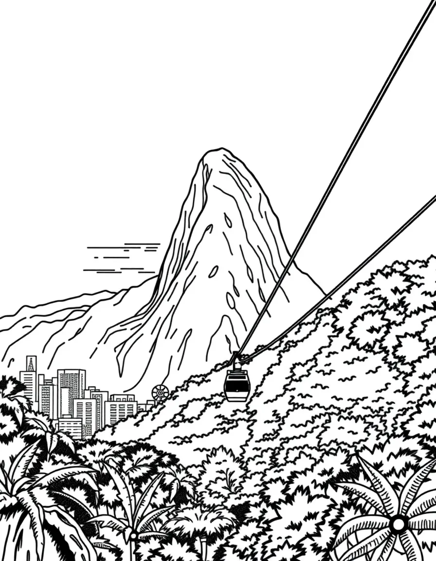 (Brazil) A view of Sugarloaf Mountain with a cable car traveling up to it