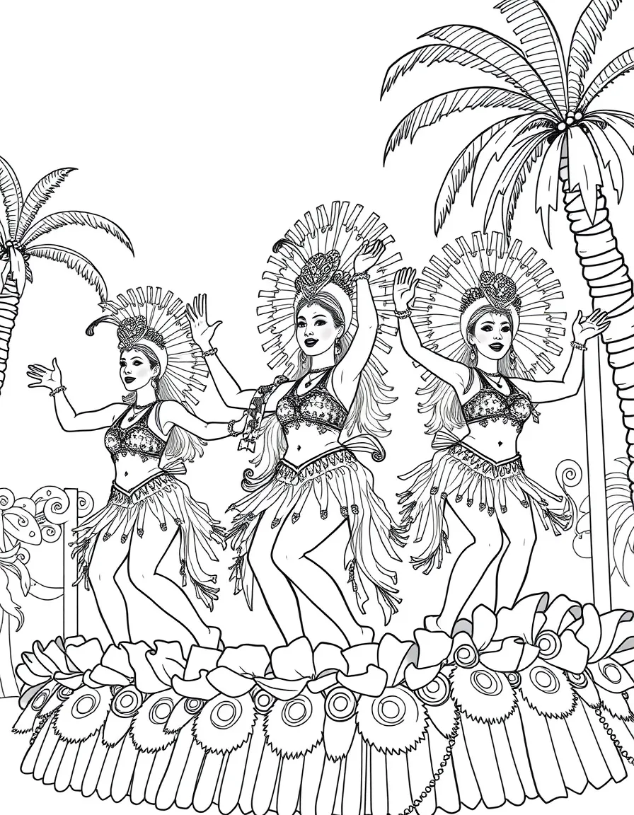(Brazil) Dancers in sparkly outfits performing on a Carnival float