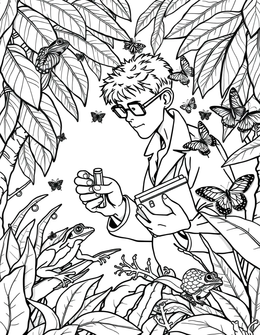 (Brazil) A scientist observing exotic frogs and butterflies in the Amazon