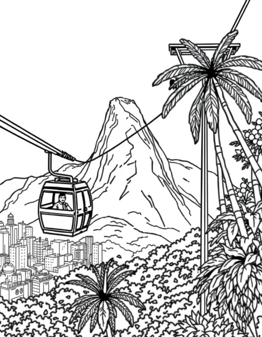 (Brazil) A view of Sugarloaf Mountain with a cable car traveling up to it