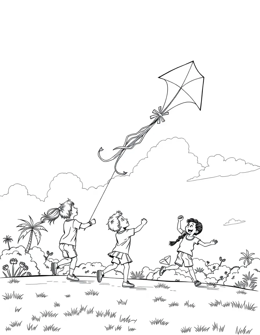 (Brazil) Children flying kites on a sunny day in a Brazilian park