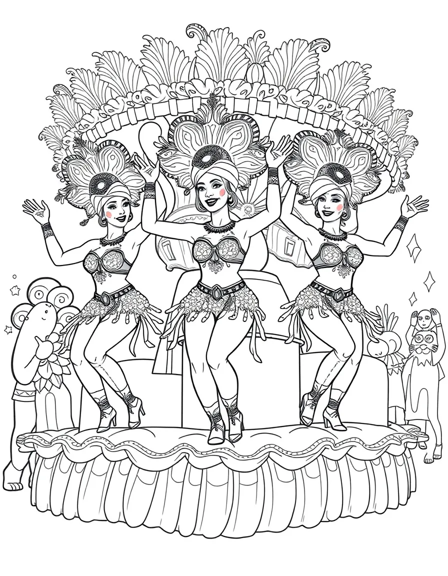 (Brazil) Dancers in sparkly outfits performing on a Carnival float
