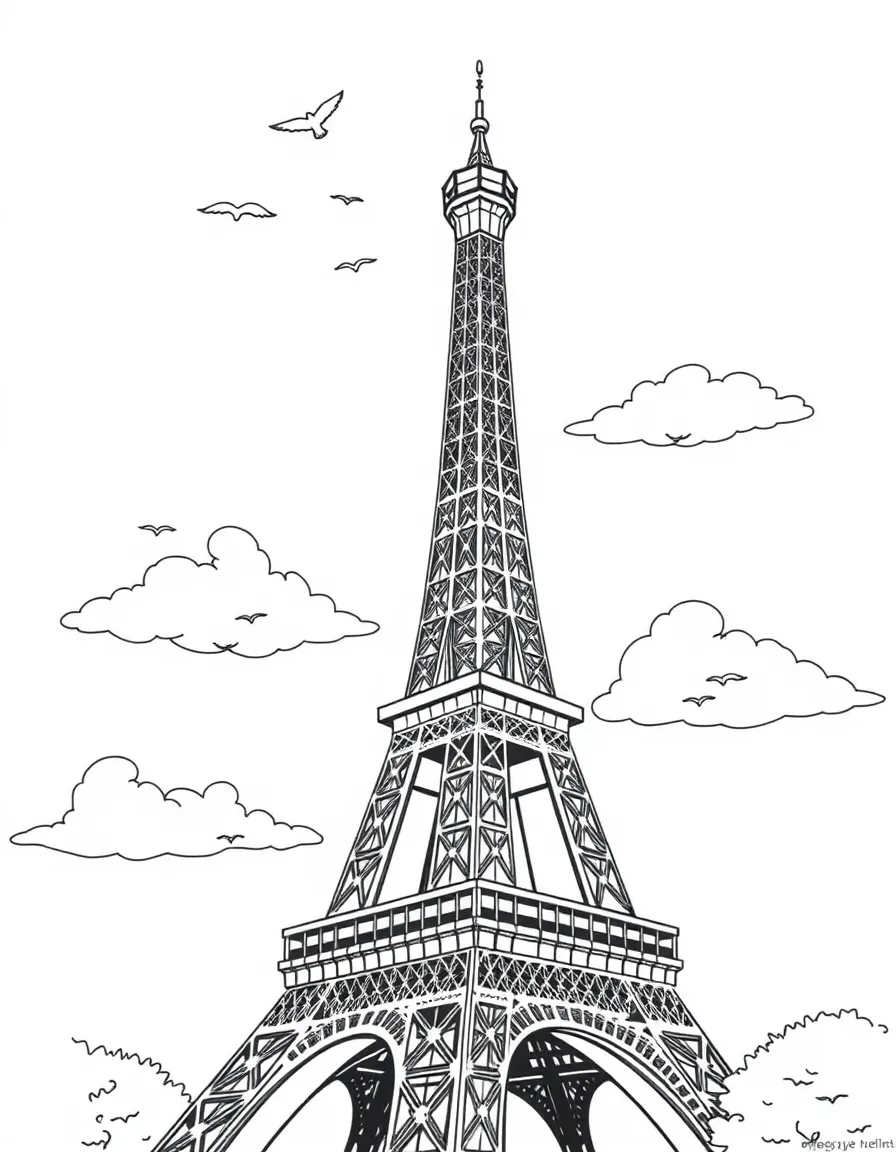 (France) The Eiffel Tower with clouds and birds above